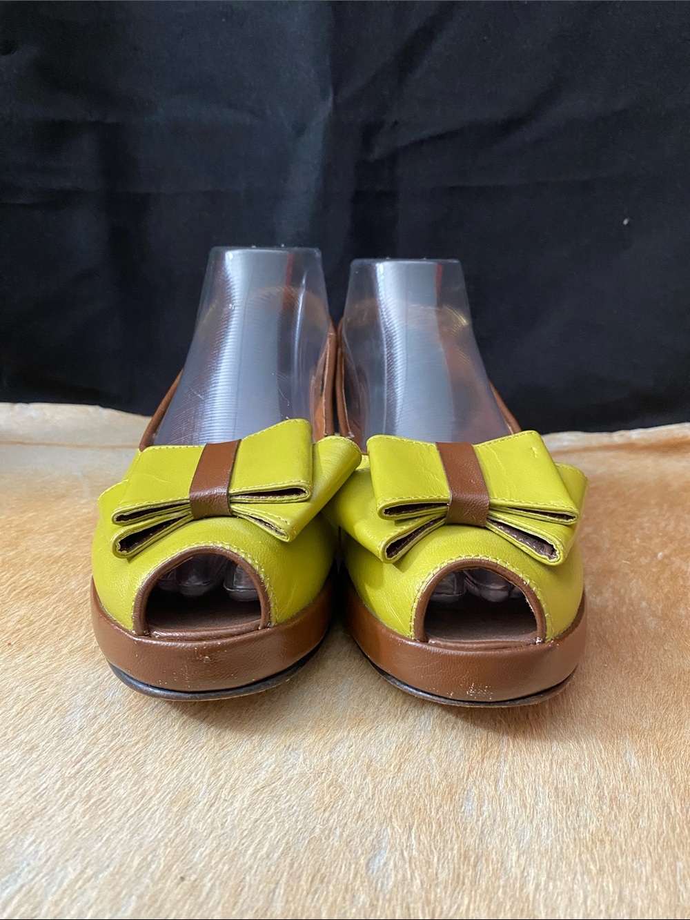 Women’s Lime Green and Brown Peep-Toe Bow Flats